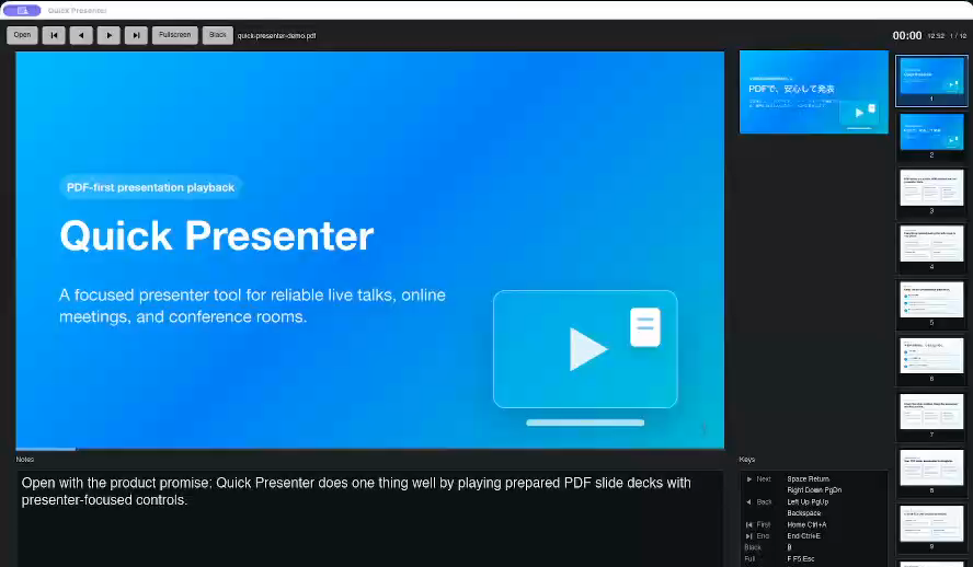 現在のスライド、次ページのプレビュー、スピーカーノート、タイマー、ページ位置を表示するQuick Presenterの発表者画面。